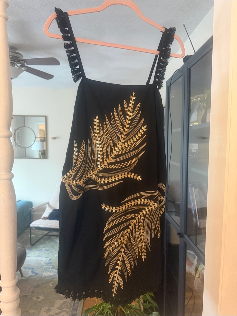 Anthropologie Sariah fringe mini dress with Gold Leaf Embroidery